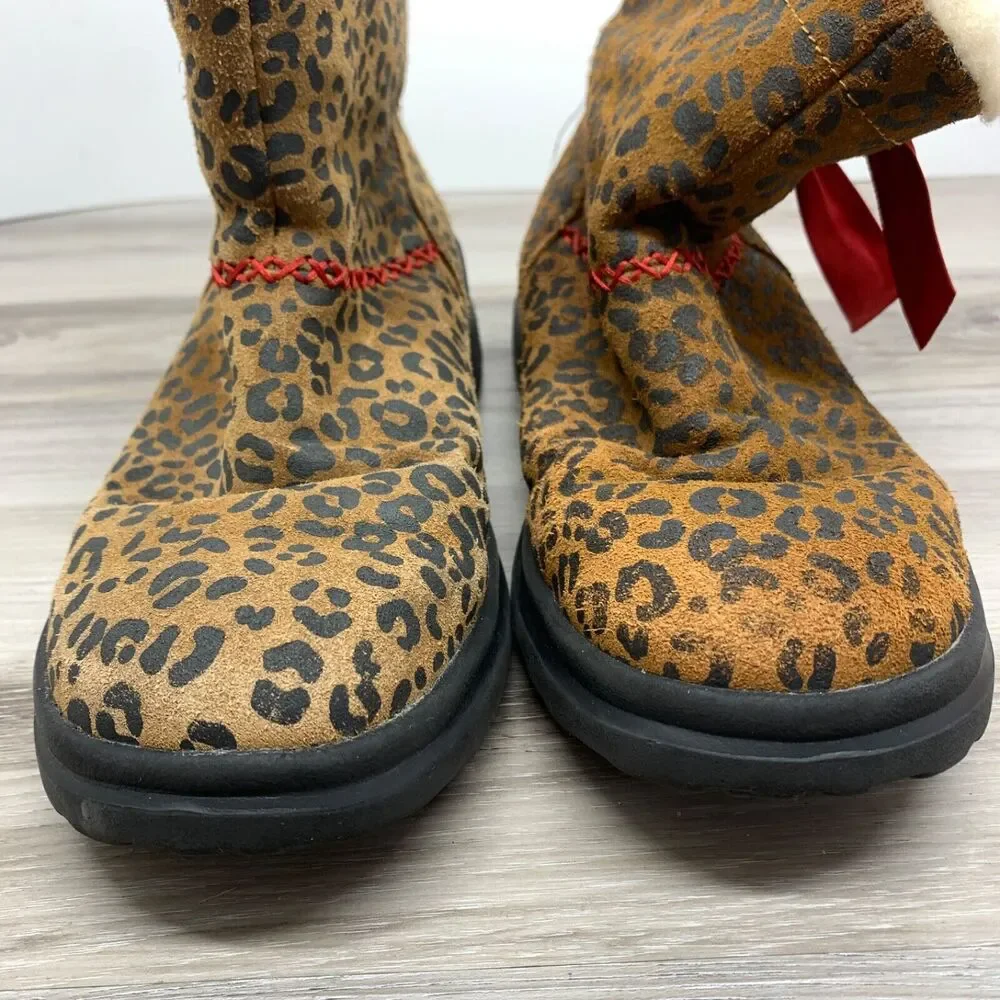 UGG‎ I Love Ugg Leopard Print Boots Size 6 Womens Pull On Red Ribbon